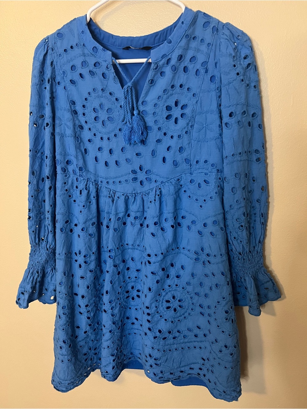 Dokotoo Blue Tassel Tie Long Sleeve Eyelet Lace Mini Dress With V-Neck